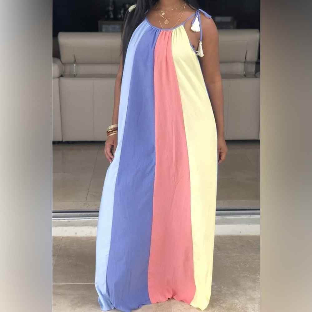 Main Strip Colorblock Striped Maxi Dress with Fringe Tassel Ties Size Small S